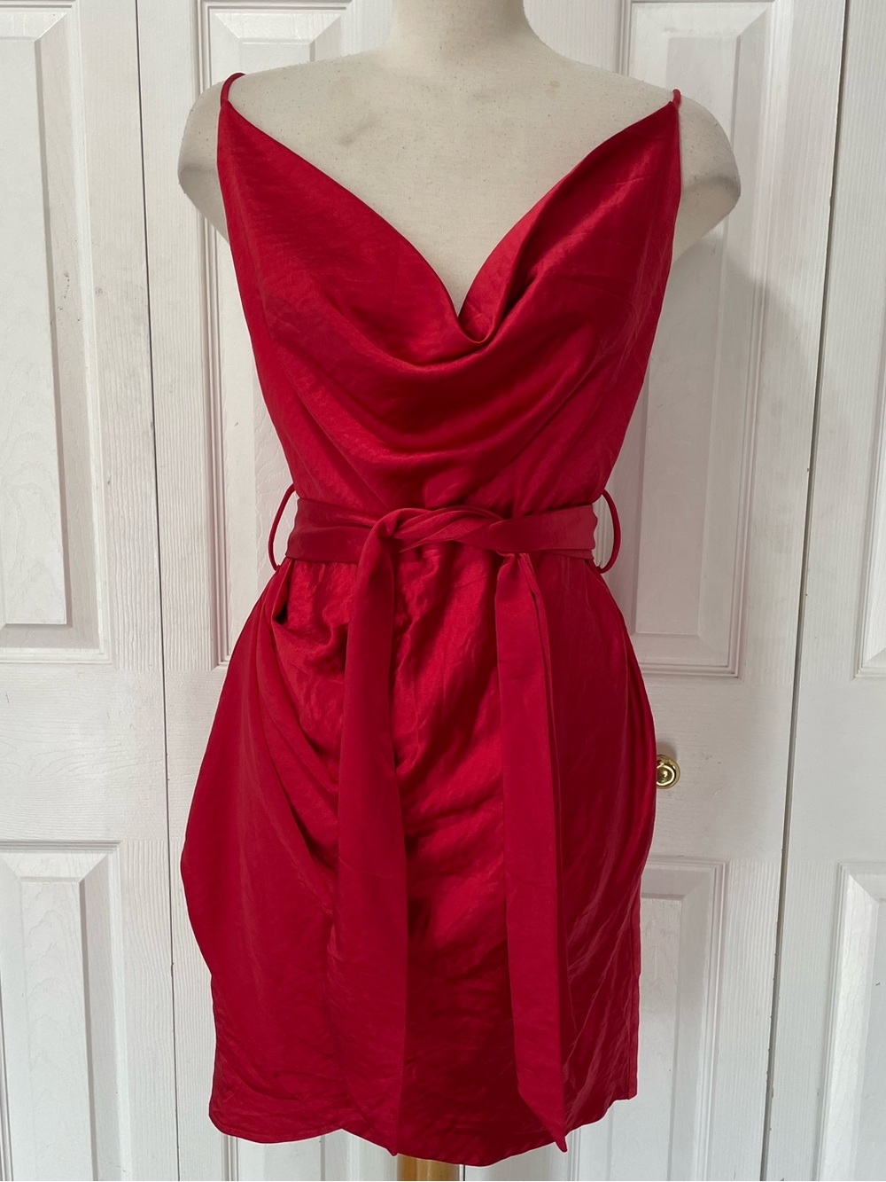 Selfie Leslie Red Cowl Neck Mini Dress with Waist Tie